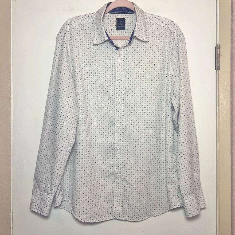 Michael Strahan Slim Fit White & Navy Blue Print Button Up Mens Shirt
